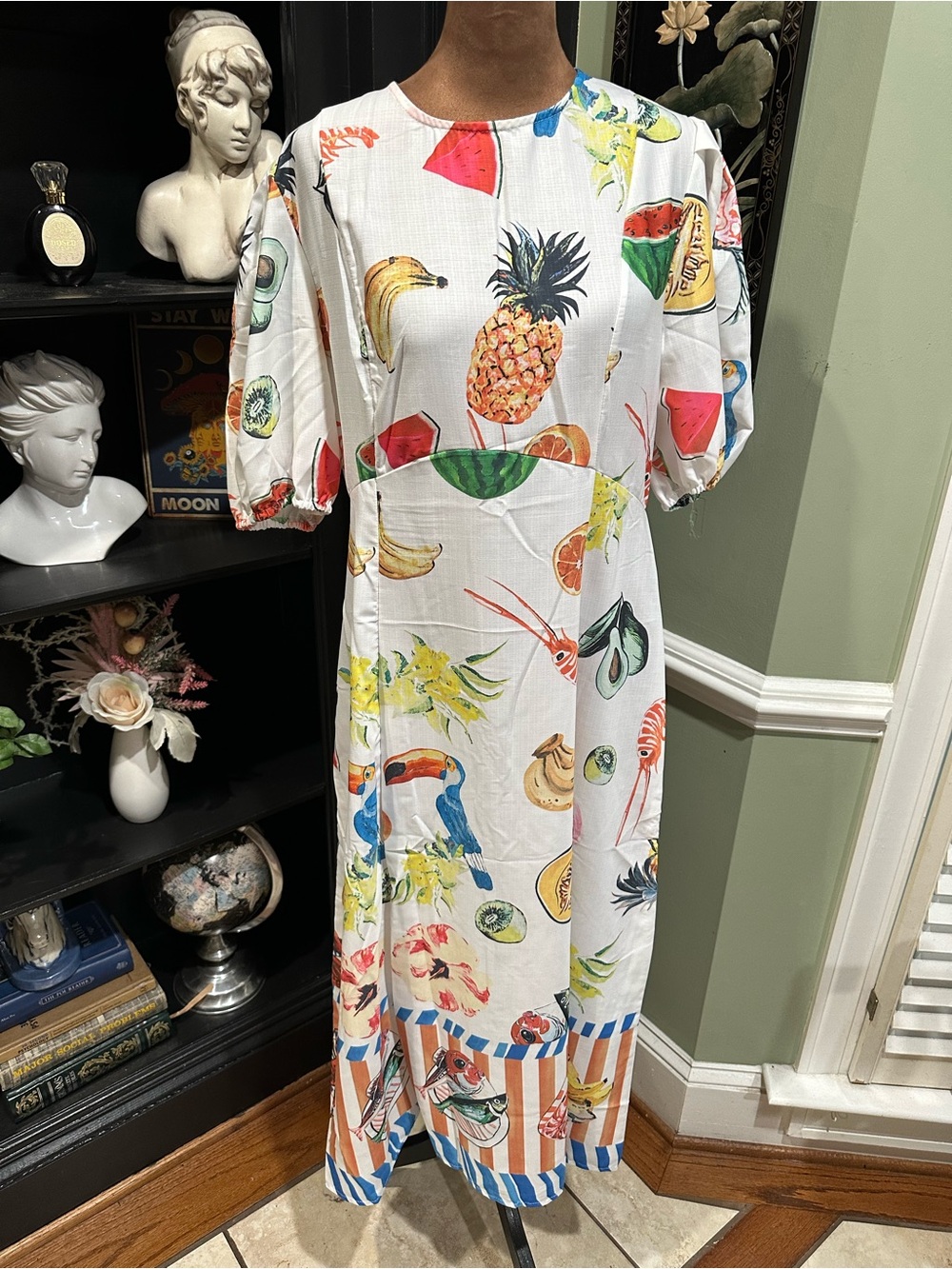Tropical Fruit Parrot Midi Dress – Fits Size 8 (Medium)
